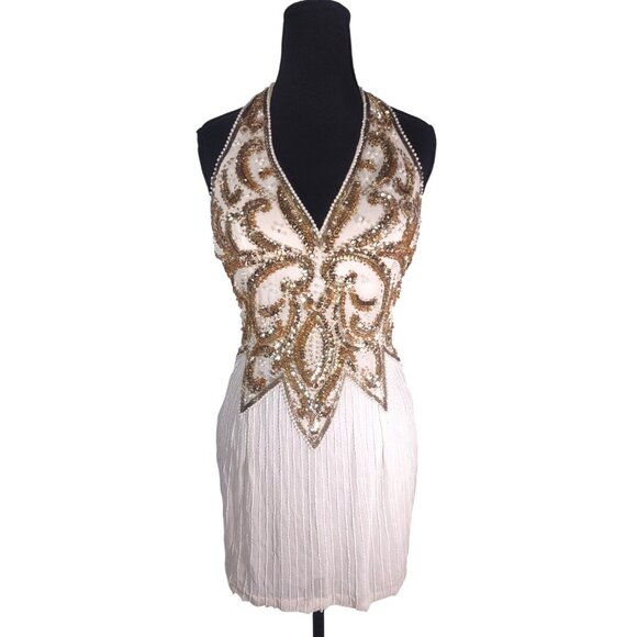 NWT Vintage Cache Silk Beaded Old Hollywood Glam Flapper Mini Halter Dress  6 - Picture 1 of 8